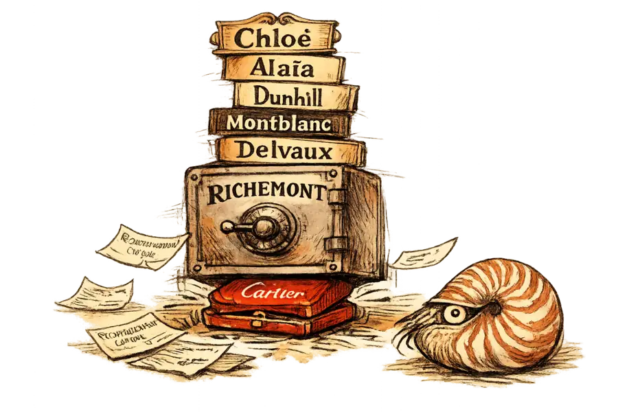 A pile of luxury boutique signs balanced on a Richemont vault, with a single Cartier jewel box bearing the weight at the base