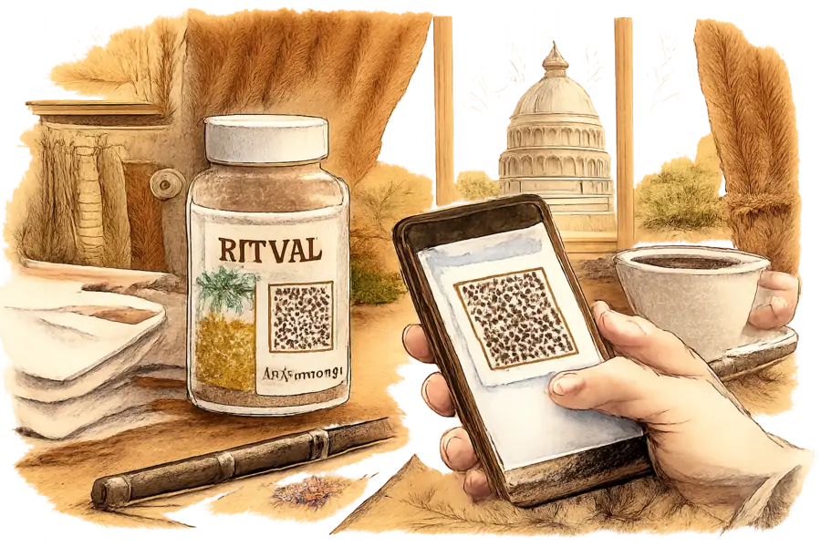 A bottle of Ritual prenatal vitamins on a senator's desk in the Capitol, a constituent's phone scanning the QR code on the label, envelopes stacked beside it.