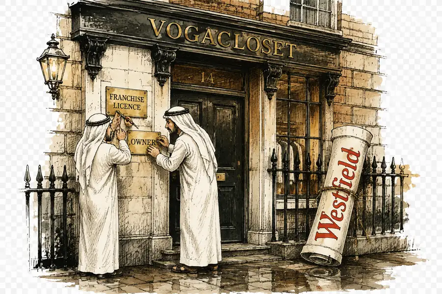 Two Saudi businessmen on a London shopfront doorstep beneath a hand-lettered VogaCloset sign, swapping a brass 'Franchise Licence' plate for one reading 'Owner', with a rolled Westfield banner propped against the railings.