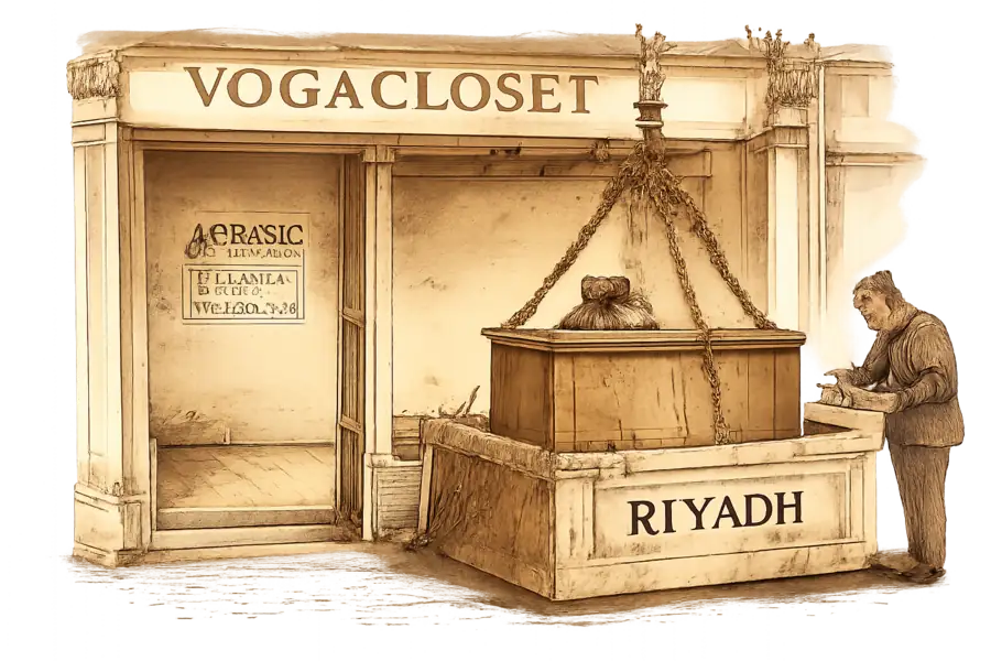 A London shopfront lettered Vogacloset with its checkout counter winched out into a crate stencilled Riyadh, while Boohoo and Karen Millen signs stay on the empty shop wall.