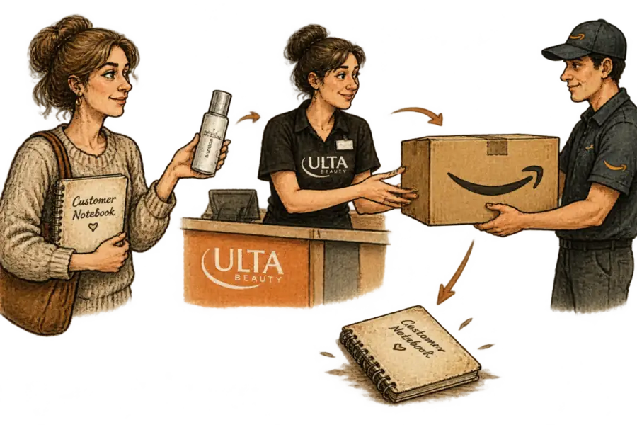 A skincare bottle passed from a consultant's hands to an Ulta counter to an Amazon box, with a customer notebook dropped on the floor