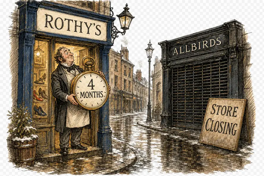 A small shopfront with a hand-lettered ROTHY'S sign, a shopkeeper in the doorway holding a pocket watch marked '4 MONTHS.' Across the street, a shuttered storefront with ALLBIRDS lettering behind a pulled grille.