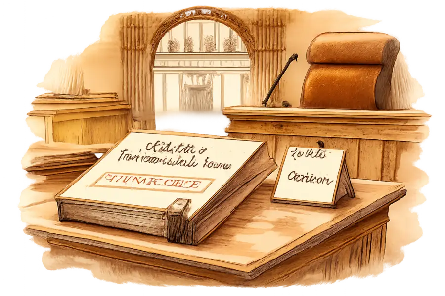 A stamped Plan of Reorganization rests on a wooden courtroom bench. Through an arched window behind it, a Saks Fifth Avenue facade is visible, its doors blank, unmarked rectangles. A small calendar reading 'Summer' sits beside the document.
