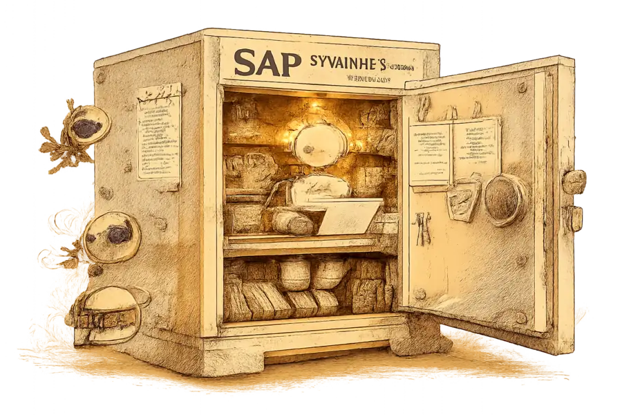 A vault drawer labelled SAP S/4HANA Retail ERP opens to reveal a glowing AI copilot named Joule deep inside, while external shopping agents are locked outside.