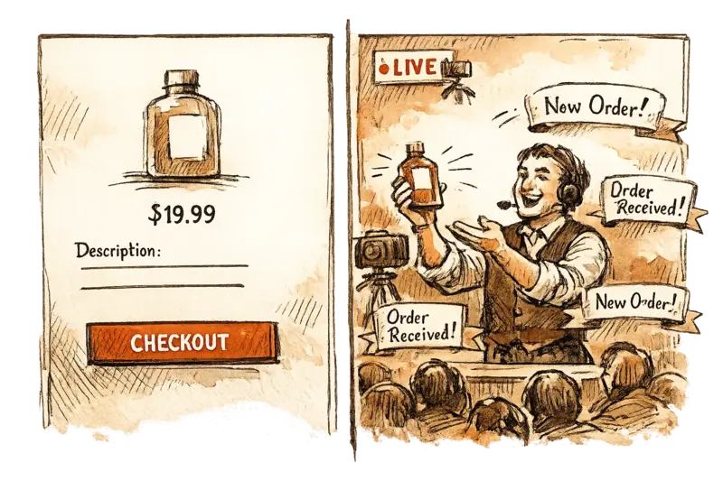 A split-scene showing two commerce models: on the left, a traditional product page with checkout steps; on the right, a live commerce session with a seller presenting to a live audience and real-time order notifications. Composition divided down the center, clinical mood.