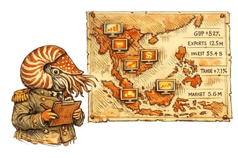 Admiral Neritus Vale as a nautilus in a military jacket stands before a wall map of Southeast Asia covered in video screens and commerce data, studying the pattern, contemplative mood