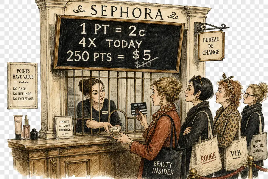A currency-exchange window built into a Sephora beauty hall, its chalked rate board listing points-to-dollars rates while a clerk slides numbered tokens under the grille to a shopper holding a loyalty card.