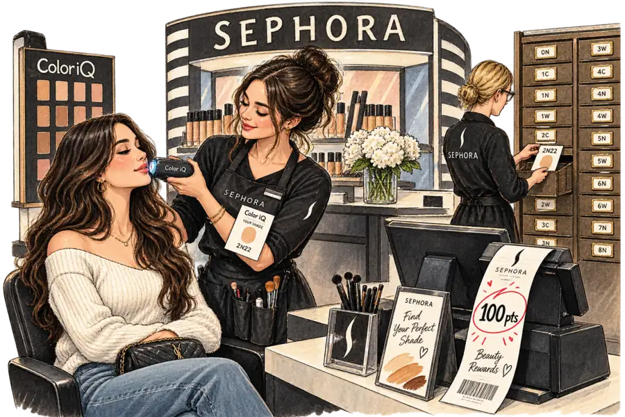 A beauty counter lettered SEPHORA where the till prints a ticket reading '100 pts' instead of a price, while an assistant holds a shade-matching device to a customer's cheek and files the result into a cabinet of drawers.