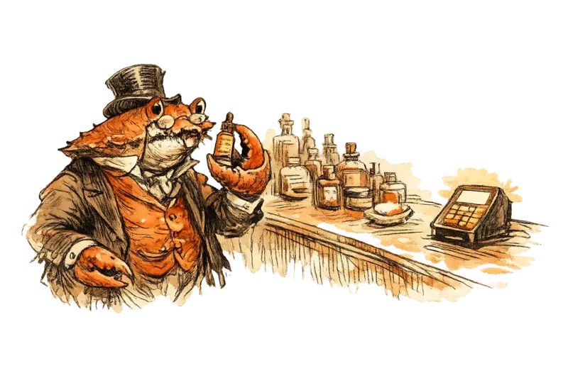 Sir John Crabstone at a beauty counter examining a serum, a checkout terminal untouched behind him