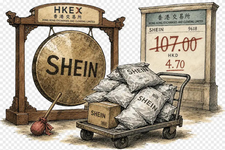 A Hong Kong Stock Exchange listing gong lettered with the Shein wordmark, a courier's parcel trolley standing where the executives should be, and a price board behind showing a large number struck through for a smaller one