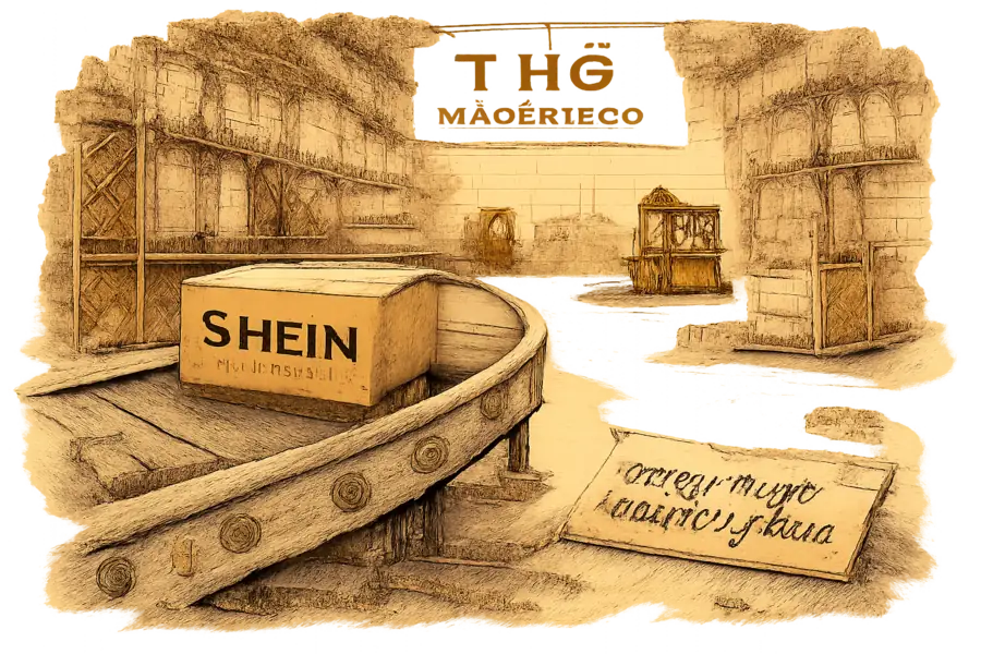 A Shein-branded parcel on a Manchester warehouse conveyor with a crumpled 'asset-light' sign on the floor.