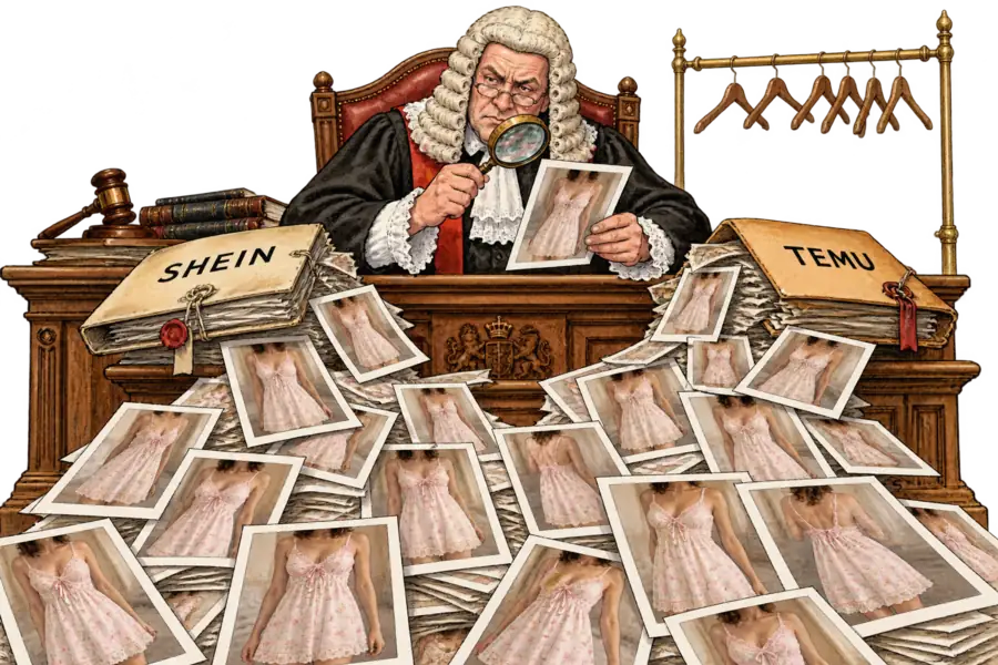 A High Court judge examines an evidence bundle of identical product photographs while case folders marked Shein and Temu sit on the bench.