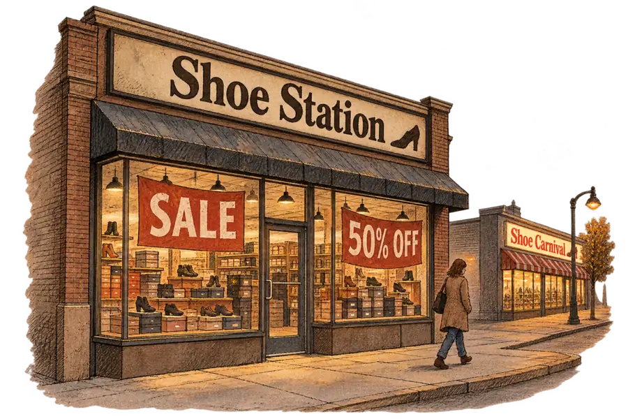 A Shoe Station storefront with hand-lettered sale banners filling the windows while a single shopper walks past on an empty pavement without looking in.