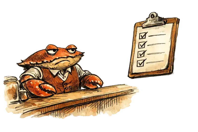 A crab in a waistcoat stands at a shop counter, but instead of a customer across from him there is only a floating clipboard with checkboxes — no person attached. The crab looks unimpressed. Viewed from the side, slightly low angle.