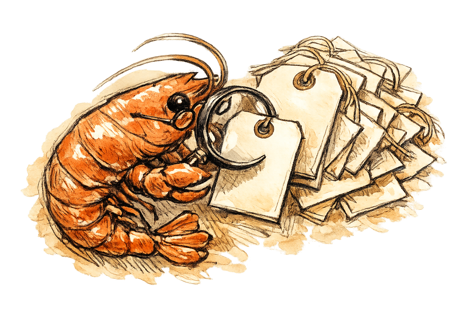 A shrimp with spectacles peers through a magnifying glass at a clothing tag, but the tag is blank — no text, no size, no material. A stack of similar blank tags piles behind her. Close-up, overhead angle, investigative mood.