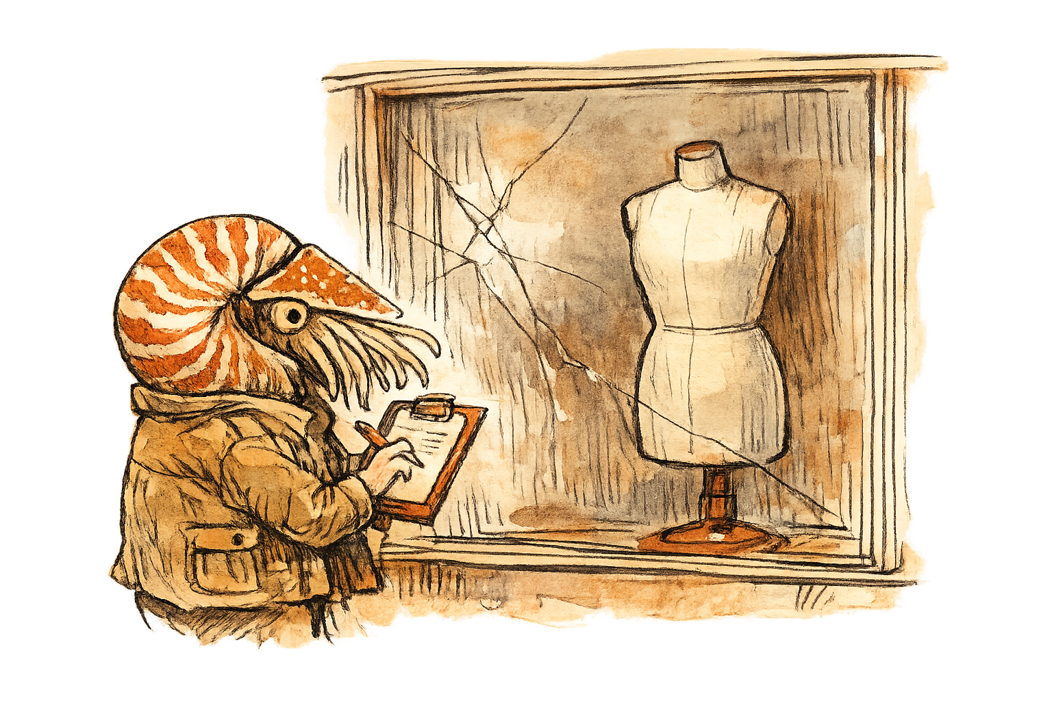 A nautilus in a field jacket examines a faceless mannequin through a cracked shop window