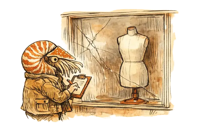 A nautilus in a field jacket examines a faceless mannequin through a cracked shop window