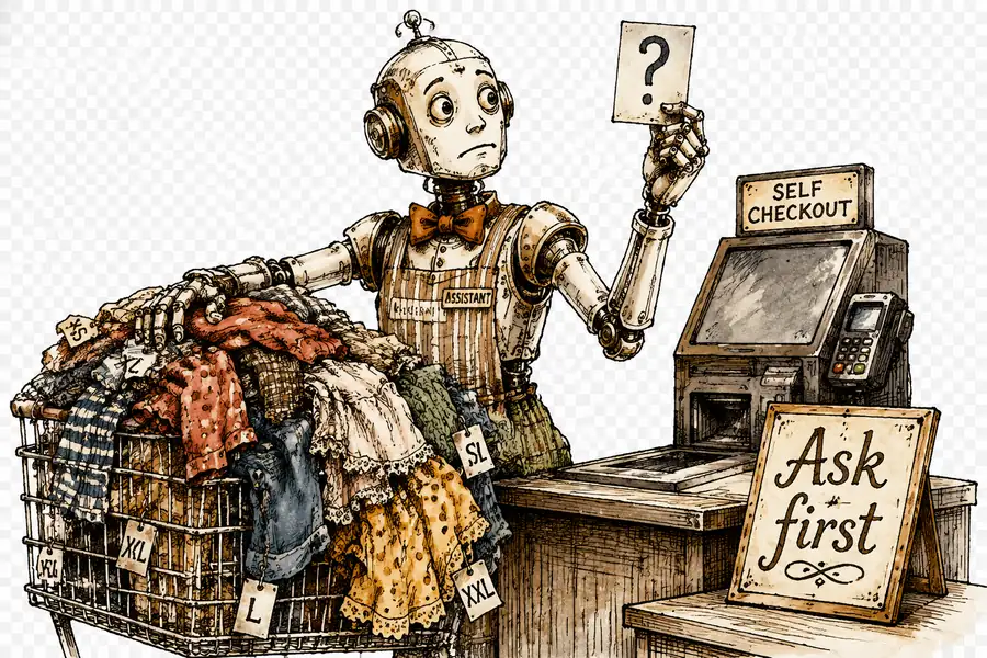 Un robot assistant-acheteur marque une pause devant un panier de vêtements dépareillés, levant une carte avec un point d'interrogation plutôt que de valider l'achat.