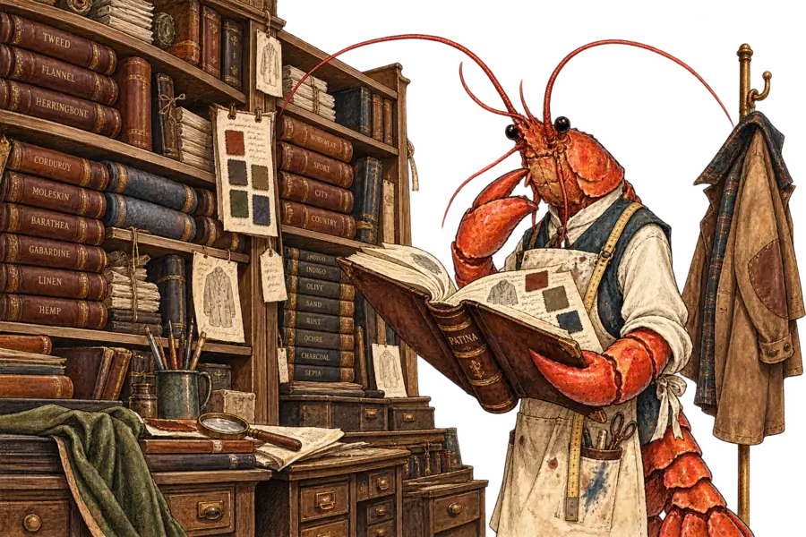 A lobster in a tailor's apron holds an open leather-bound ledger in front of shelves of archive volumes, a worn coat hanging on a hook beside her.