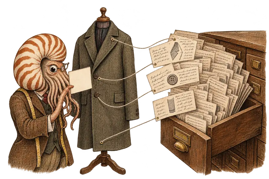 A nautilus holds a blank caption card beside a hanging coat while an open filing drawer behind it fans out older handwritten product descriptions, each slip threaded to a detail of the coat.
