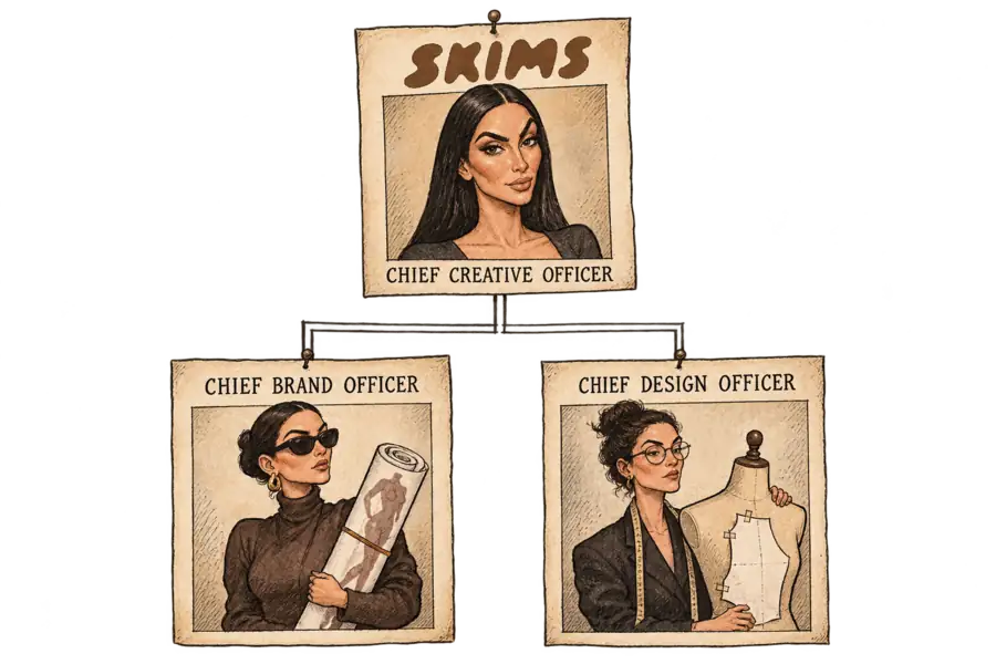 A hand-lettered Skims org chart on a studio wall, with a chief creative officer box holding a portrait of Kim Kardashian beside two freshly inked boxes for chief brand officer and chief design officer.