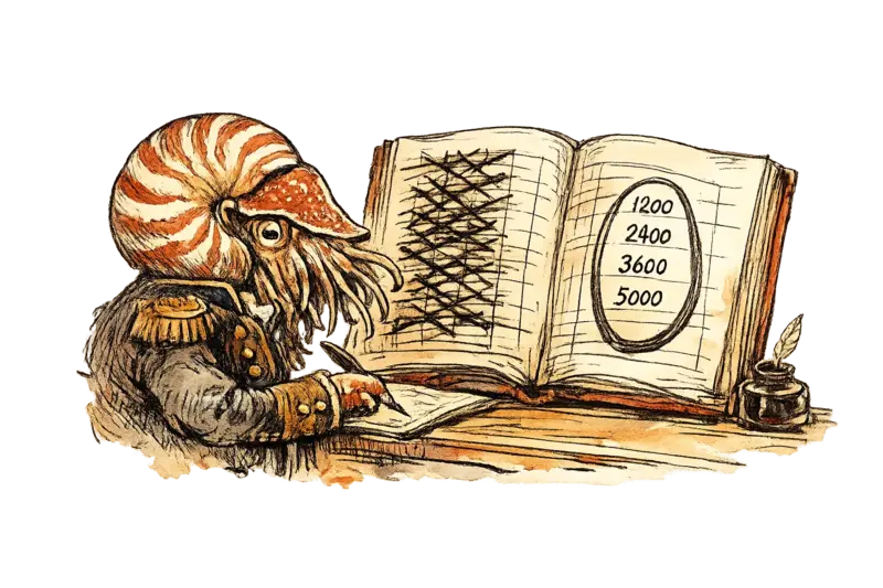 Admiral Neritus Vale examines a resale ledger, one column crossed out and labelled 'Platform', the other circled and labelled 'In-House'.