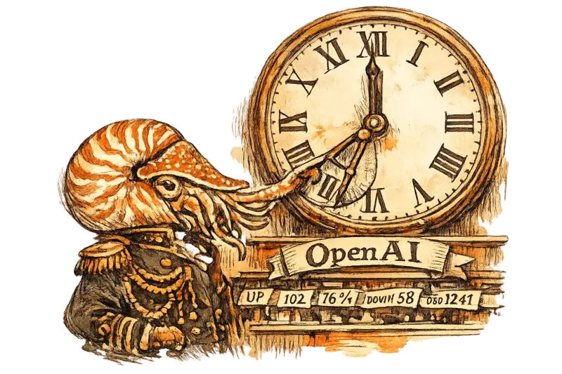 Admiral Neritus Vale examines a large wall clock mounted above an OpenAI-branded stock ticker, calculating the time remaining