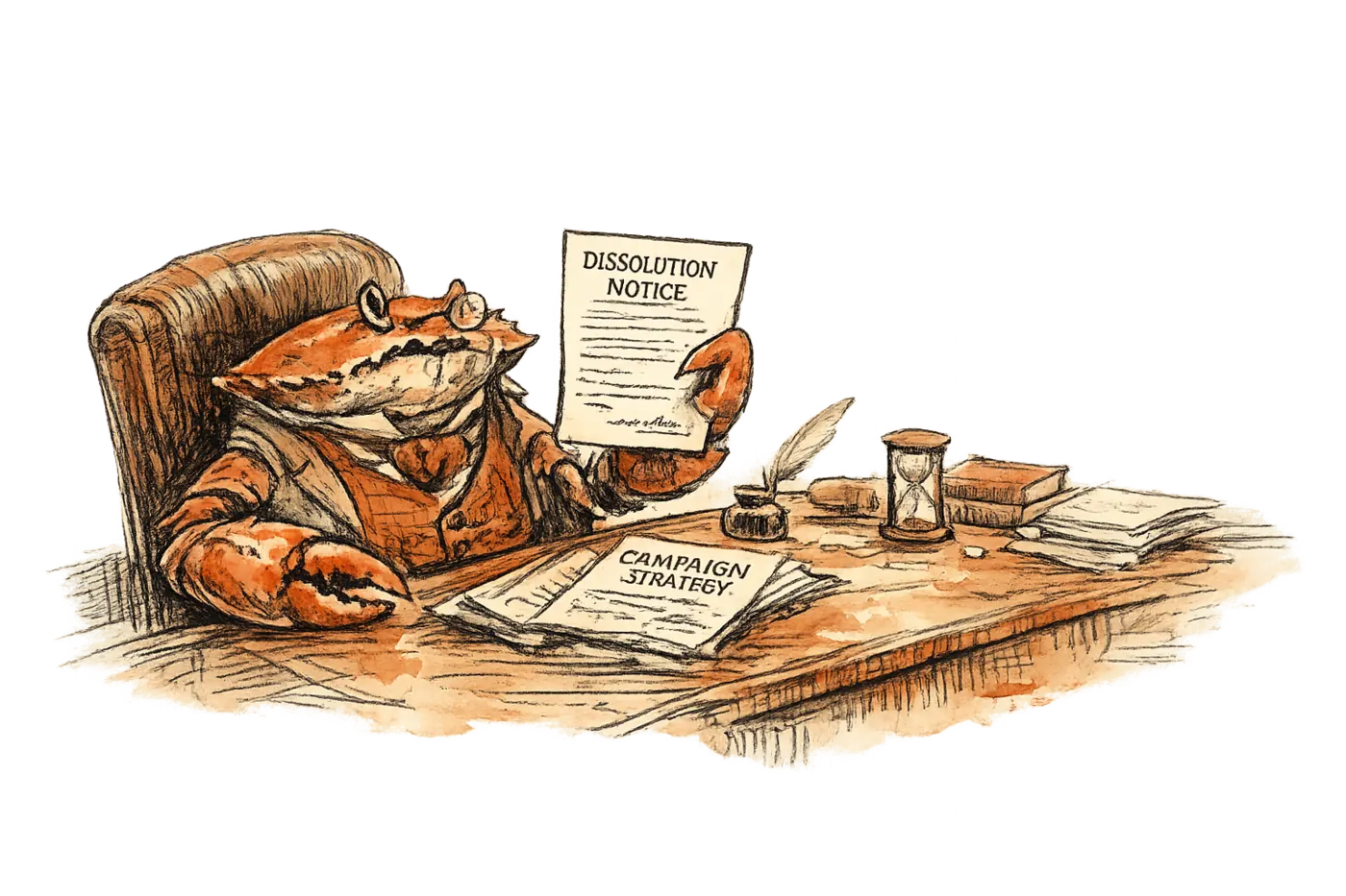 Sir John Crabstone at his editor's desk, holding a dissolution notice beside an unfinished campaign brief