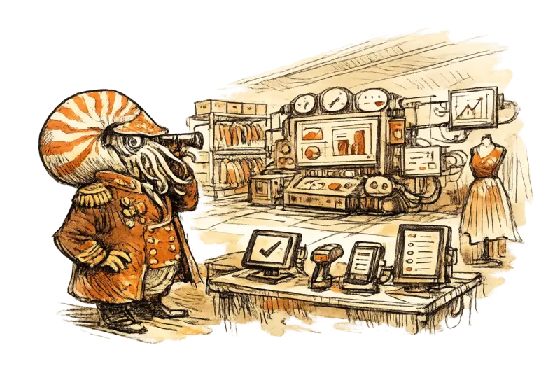 A nautilus officer studies a fashion shop floor where shelves, displays and staff devices are connected by a single command console.