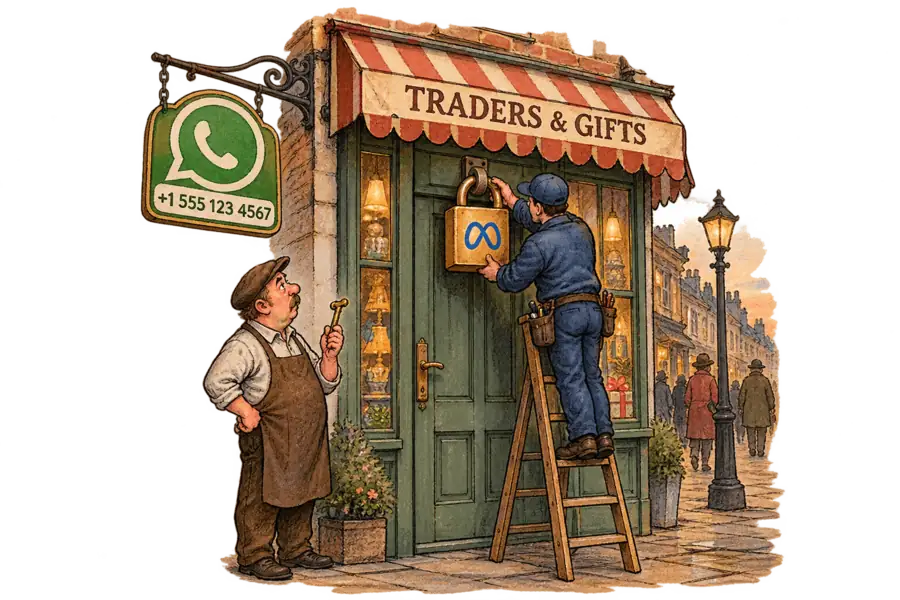 A retail shopfront whose hanging signboard is a WhatsApp speech bubble showing a phone number instead of a shop name, with a Meta padlock being fitted to the door while the shopkeeper waits on the pavement