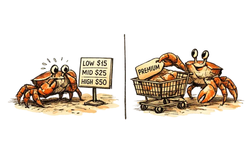 A split scene: on the left, a ghost crab peers anxiously at a price comparison screen; on the right, the same crab confidently places a premium-tagged item into a cart. Composition centered, split horizontally, clinical mood.