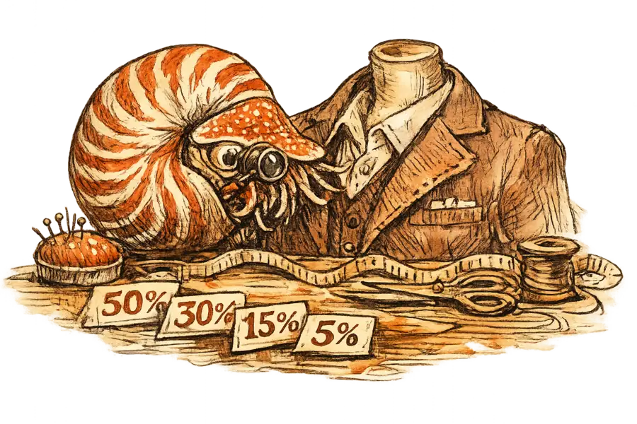 A nautilus examines a jacket collar through a loupe, with measurement cards showing descending accuracy percentages