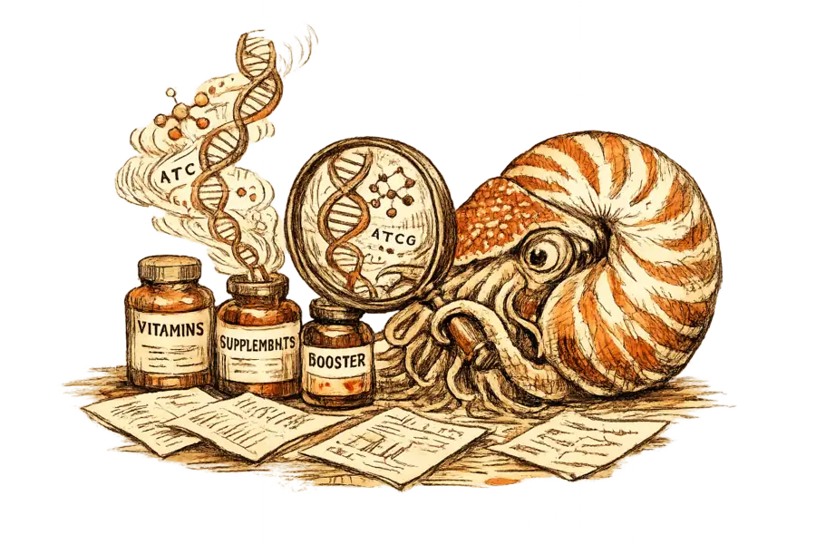 A nautilus examining supplement bottles through a magnifying glass that reveals DNA helices and biological data spiraling from each bottle