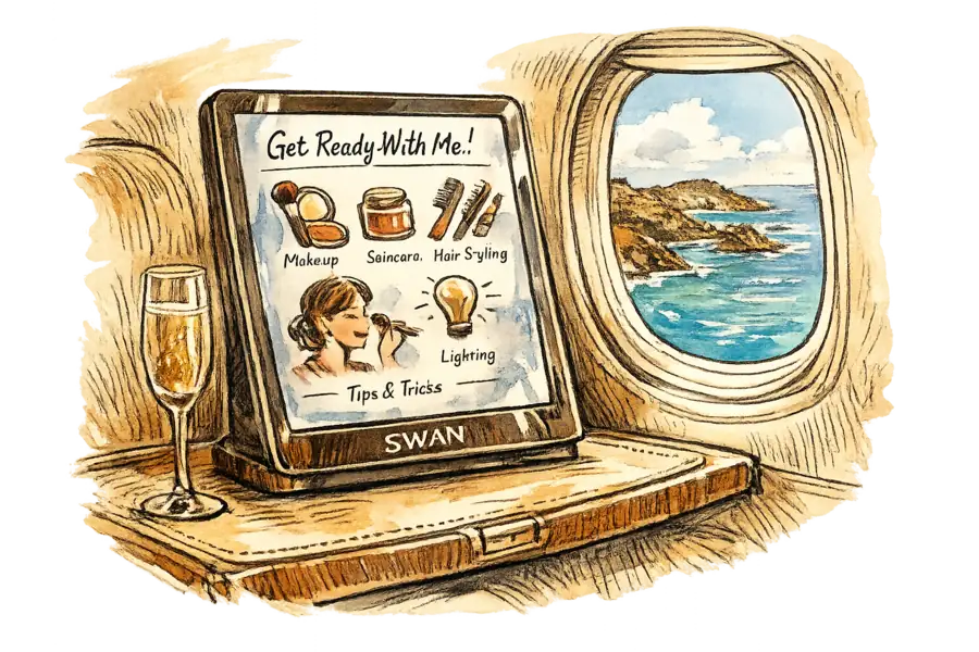 A Swan Beauty AI smart mirror perched on a private jet's leather tray-table, screen lit, St. Barth's coastline visible through the porthole window.