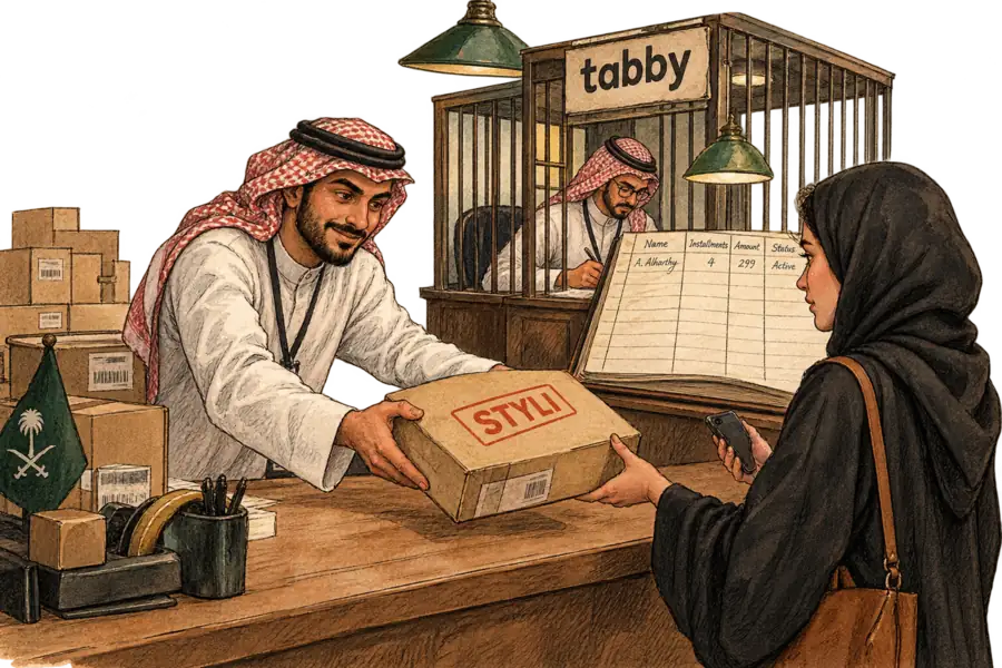 A Riyadh packing counter where a clerk hands over a parcel stamped Styli while a second clerk at a caged desk lettered tabby writes the shopper's name into a four-column ledger.