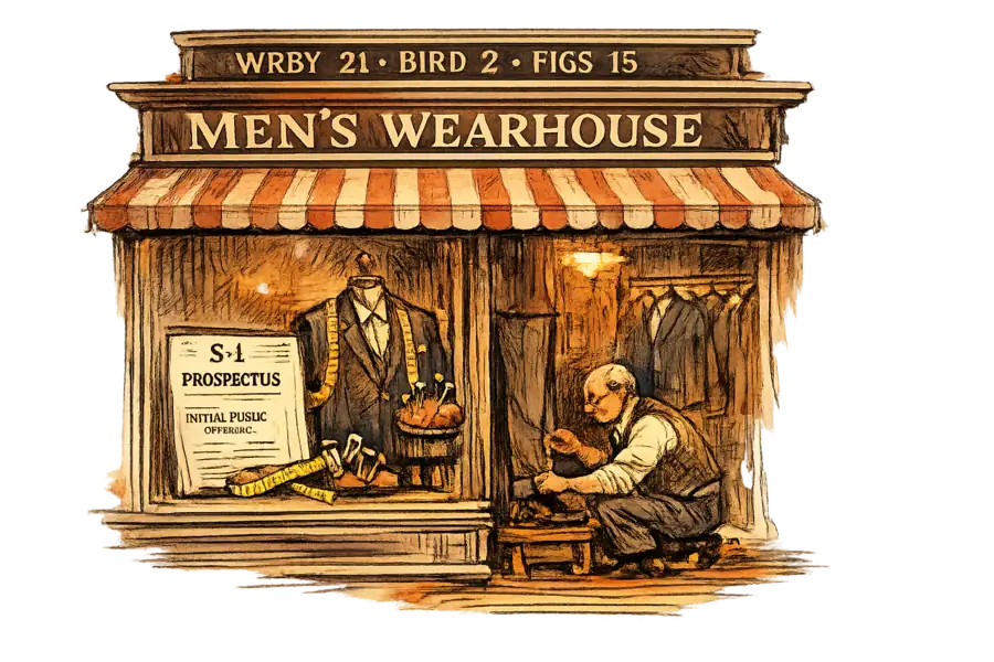 A Men's Wearhouse storefront at dusk with a prospectus propped in the window beside tailor's chalk and pinning clips; a small stock ticker above the awning shows depressed DTC prices.