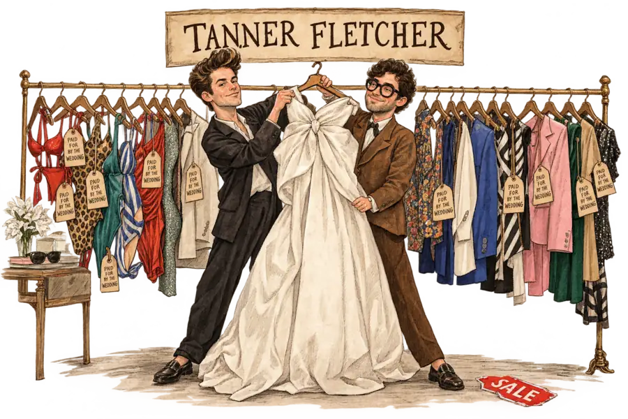 Caricatures of Tanner Richie and Fletcher Kasell in their showroom holding up a huge bow-trimmed wedding look, while a rail of swimsuits and tailoring behind them carries tags reading Paid For By The Wedding under a hand-lettered Tanner Fletcher sign.