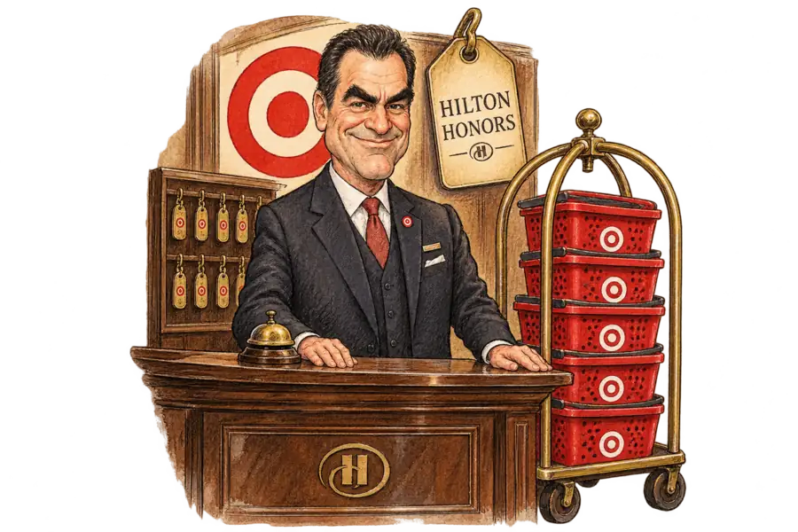 Caricature of Mark Weinstein in a hotel concierge's jacket behind a bell desk, a Target bullseye sign above him and a luggage trolley stacked with red shopping baskets at his side.