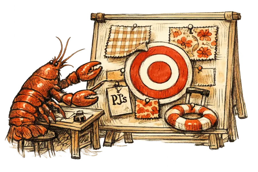 A lobster at a drafting table assembles an editorial mood-board around a Target bullseye, with block-print cotton swatches, a pajama tag, a luggage handle, and a pool float clustered around it.