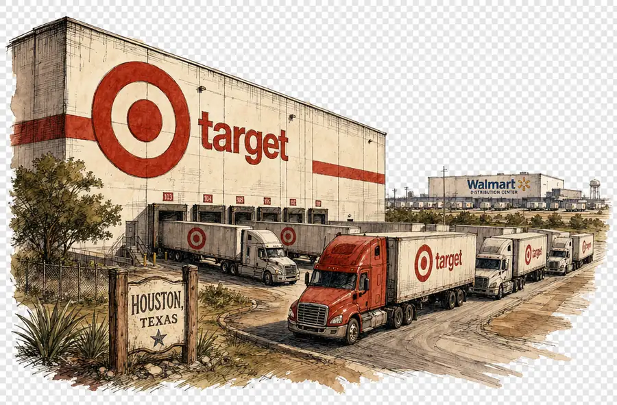 A massive Target distribution warehouse in Houston with a Walmart distribution facility silhouetted in the distance.