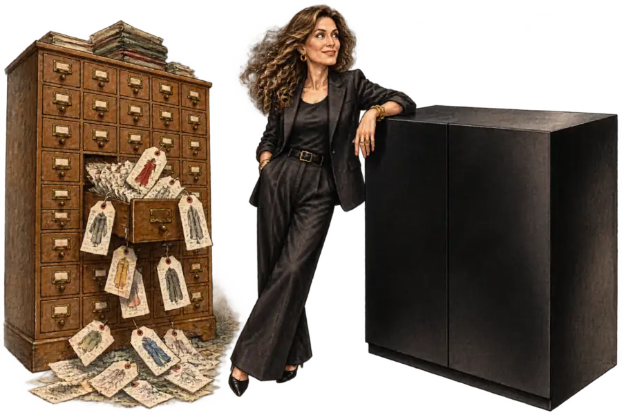 A caricature of Julie Bornstein standing between a tall wooden card catalogue with hundreds of labelled drawers and a smooth black cabinet with no drawers at all, her hand resting on the black one.