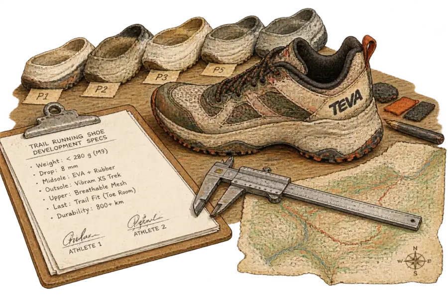 A Teva trail shoe on a development bench beside a marked-up spec sheet and worn prototype midsoles.