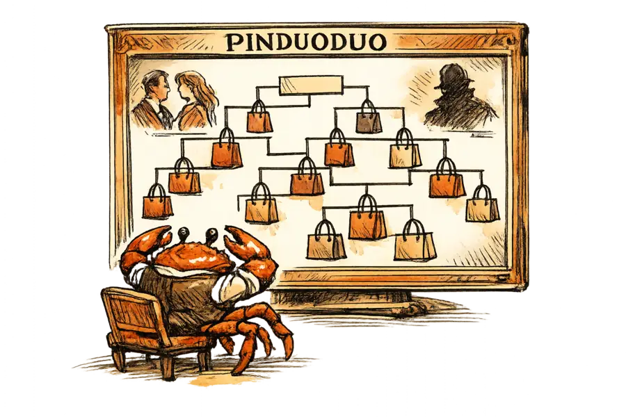 A crab in a waistcoat watches a branching drama on screen, shopping bags dangling from each plot fork