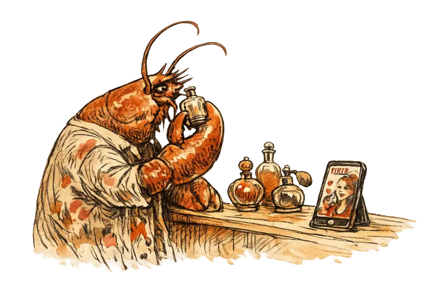 A lobster in a paint-stained smock holds an empty perfume bottle to its nose, a glowing phone showing a livestream propped on the bare counter beside it