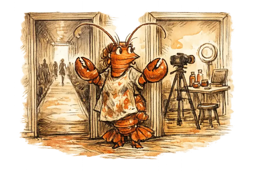 A female lobster in a paint-stained smock stands in the threshold between a fashion runway and a live-stream studio, observing both rooms