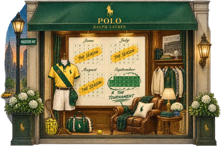 A Ralph Lauren shop window where a wall calendar marks two tournament weeks in green inside four months of selling blocked out in marigold.