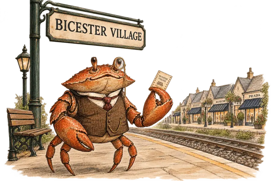 A crab in a waistcoat waits on a country railway platform beneath a sign reading Bicester Village, a punched ticket held in one claw