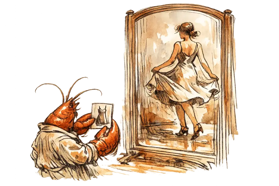 Parallax Pincer, un homard dans une blouse froissée, tient devant un grand miroir la photographie aplatie d'une robe nuisette — dans le reflet, la même robe est saisie en plein mouvement sur une silhouette qui pivote.