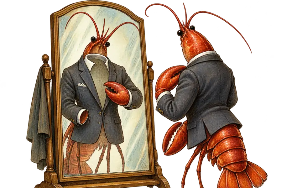 A lobster in a tailored jacket faces a fitting-room mirror; in the reflection the shirt beneath the jacket has vanished, leaving an empty collar floating at the throat.