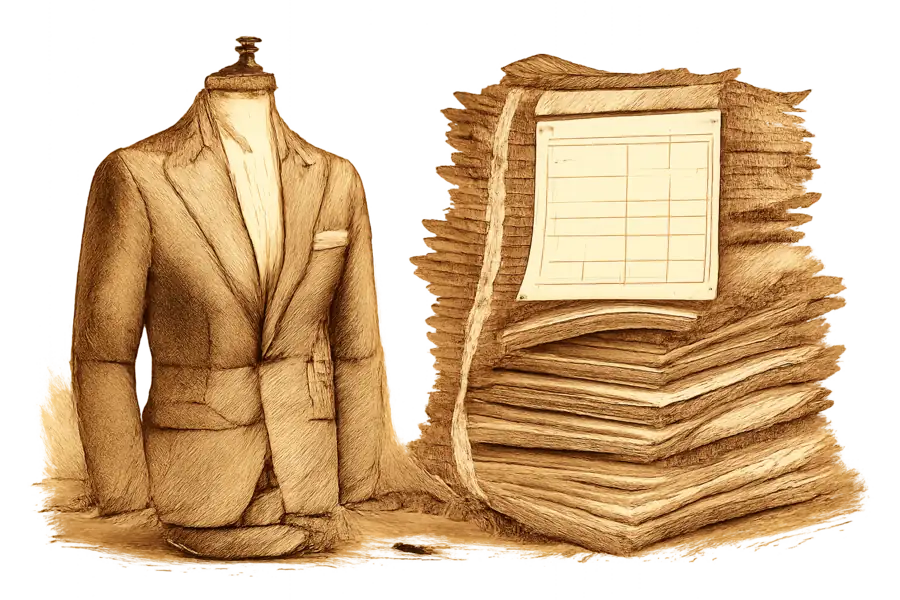 A perfectly rendered virtual mannequin in a tailored jacket stands beside a stack of paper catalogs whose measurement fields are blank.